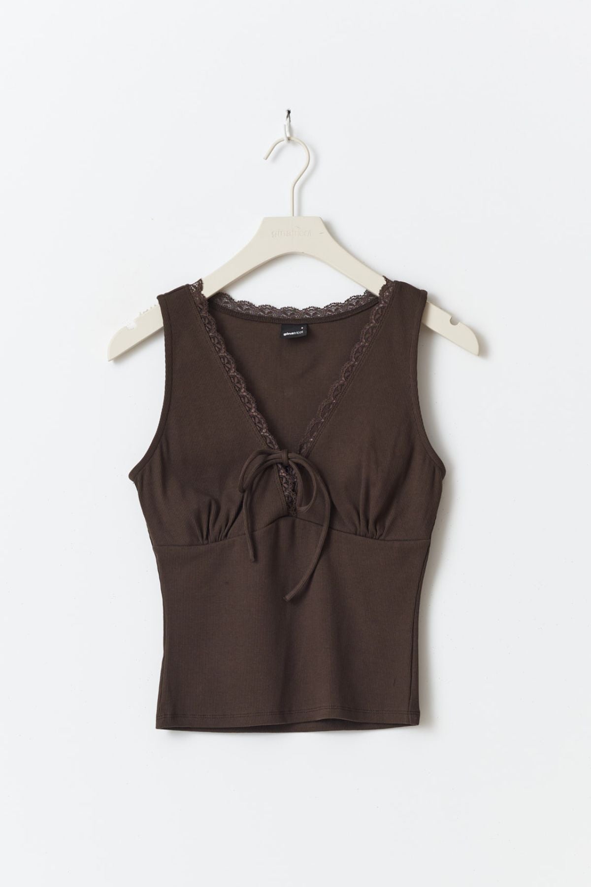 Geripptes Top mit Schleife - schokobraun