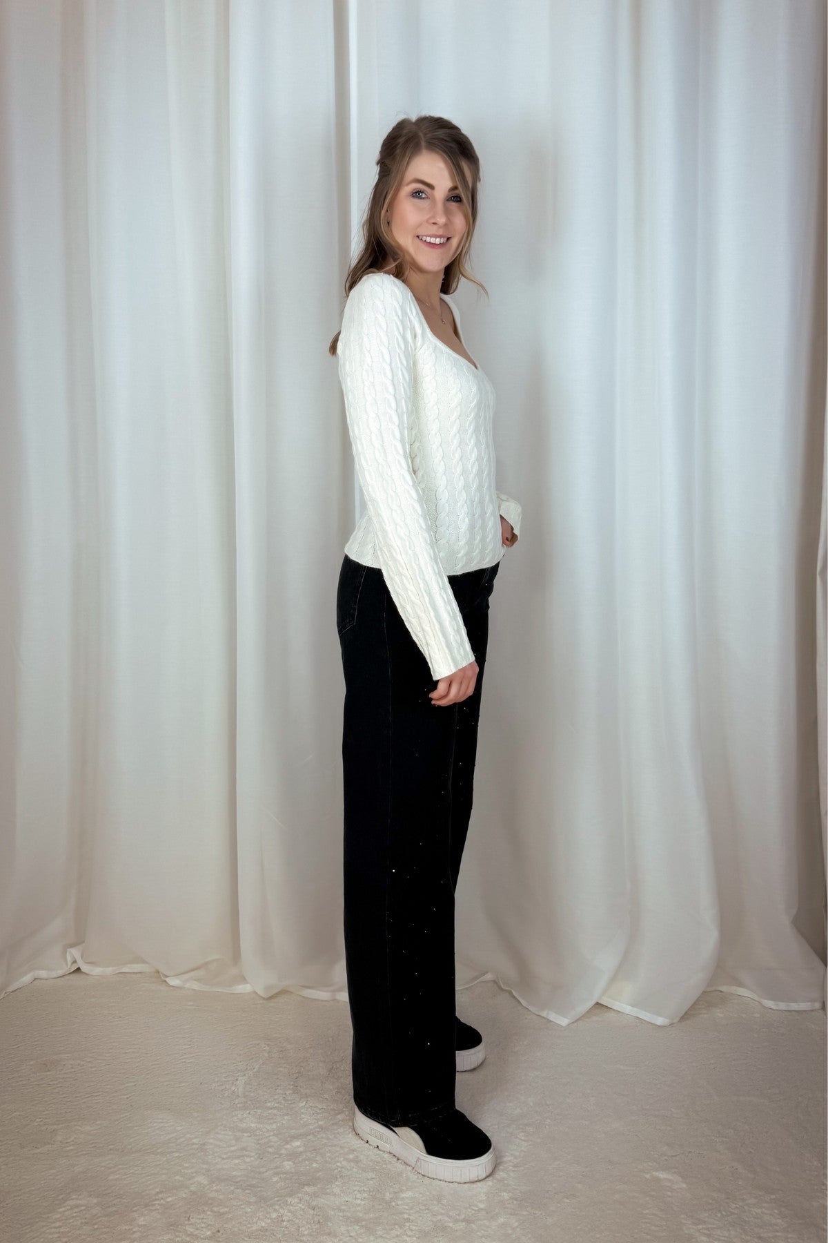 Longsleeve aus Strick mit Zopfmuster - weiß