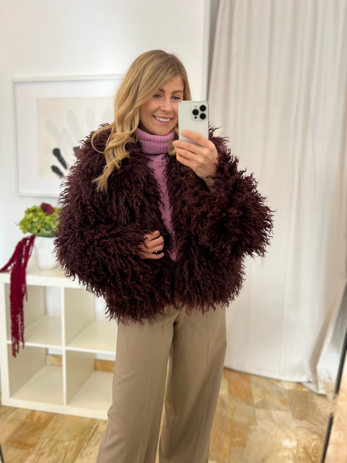 Kurze Kunstfell Jacke - burgundy