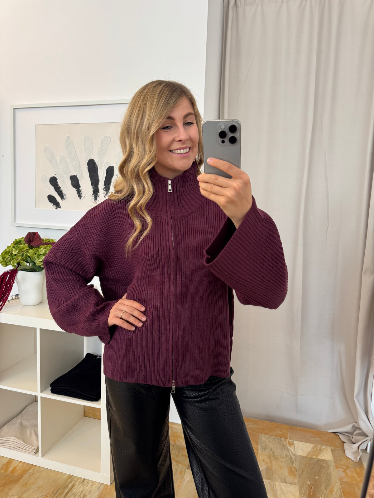 Strickjacke Doppelzipper - burgunder