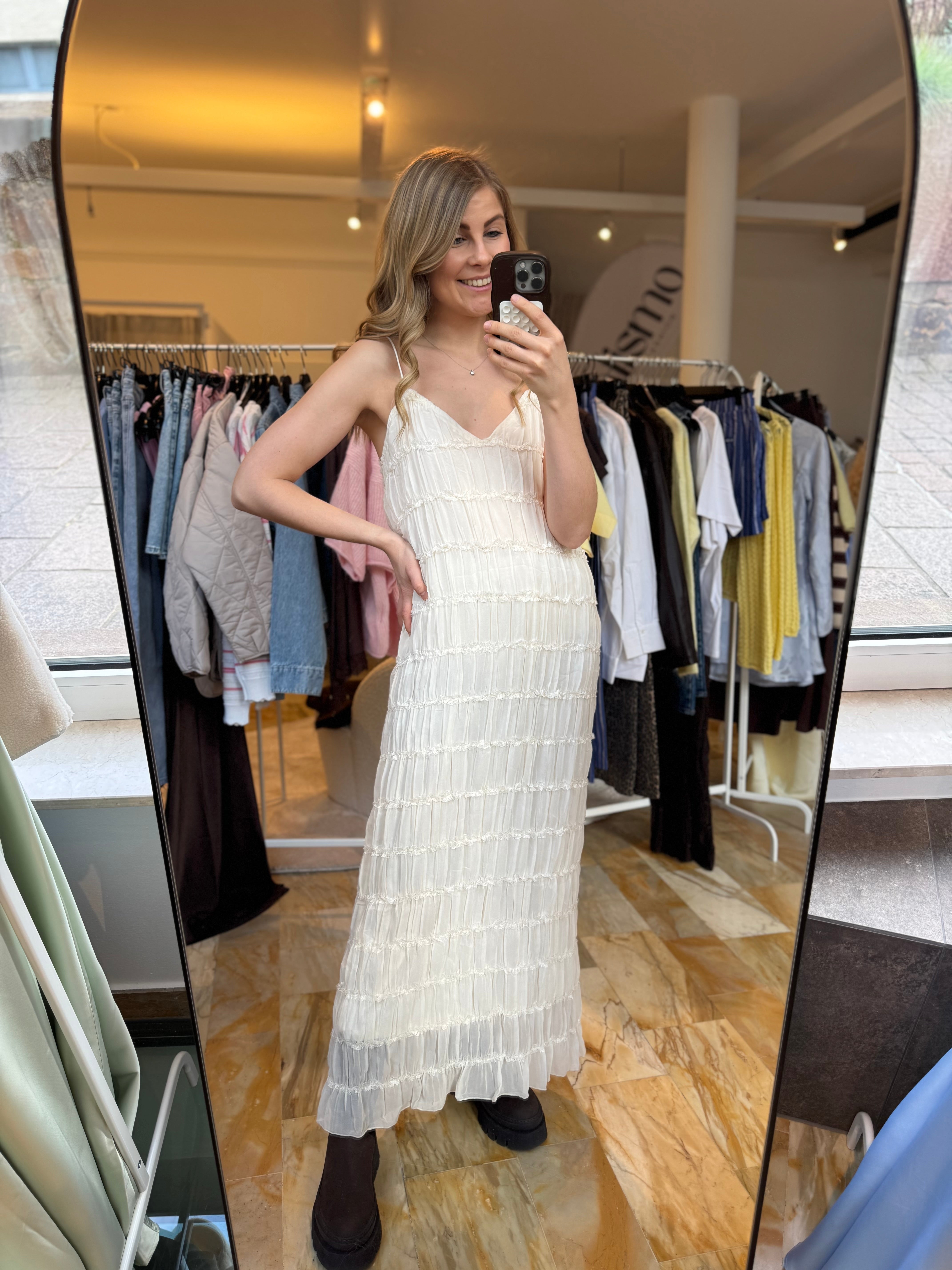 Kleid mit Raffel-Plissee - cremeweiß