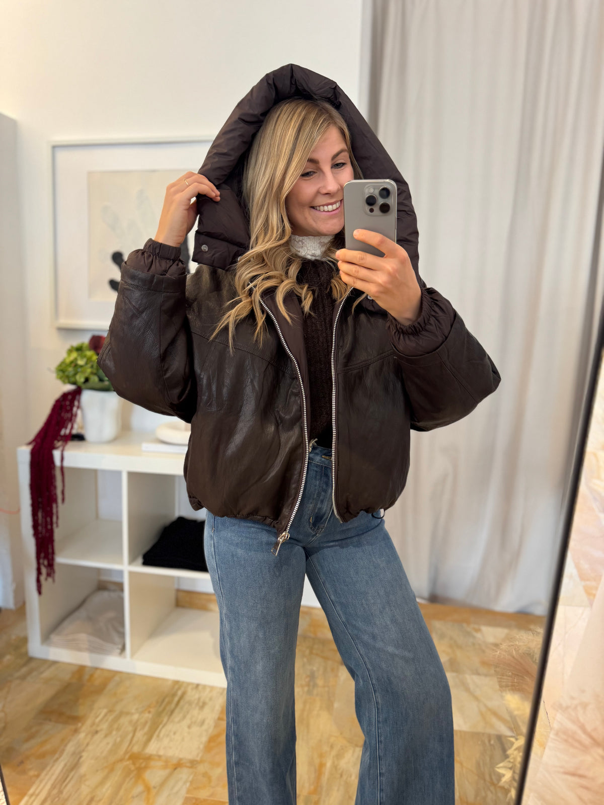 Kunstlederjacke mit abnehmbarer Kapuze - braun
