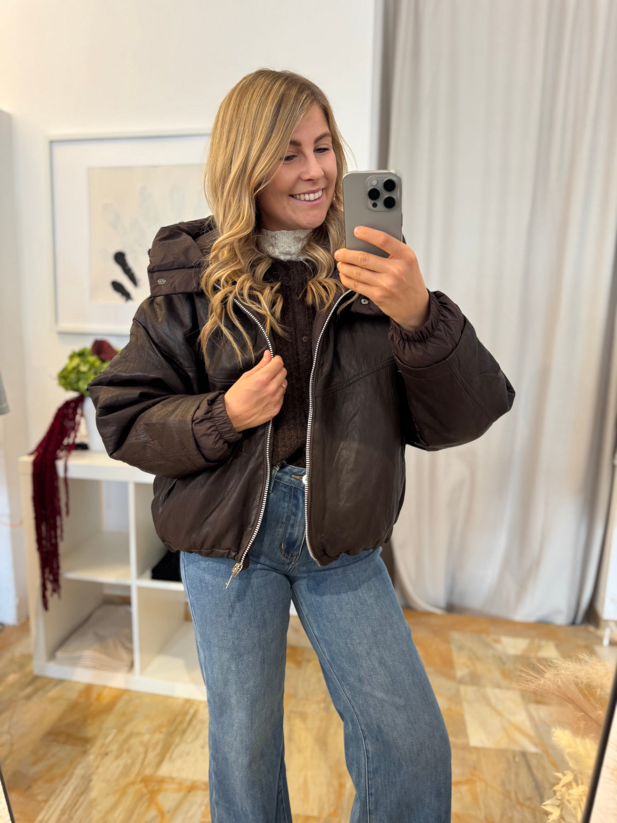 Kunstlederjacke mit abnehmbarer Kapuze - braun