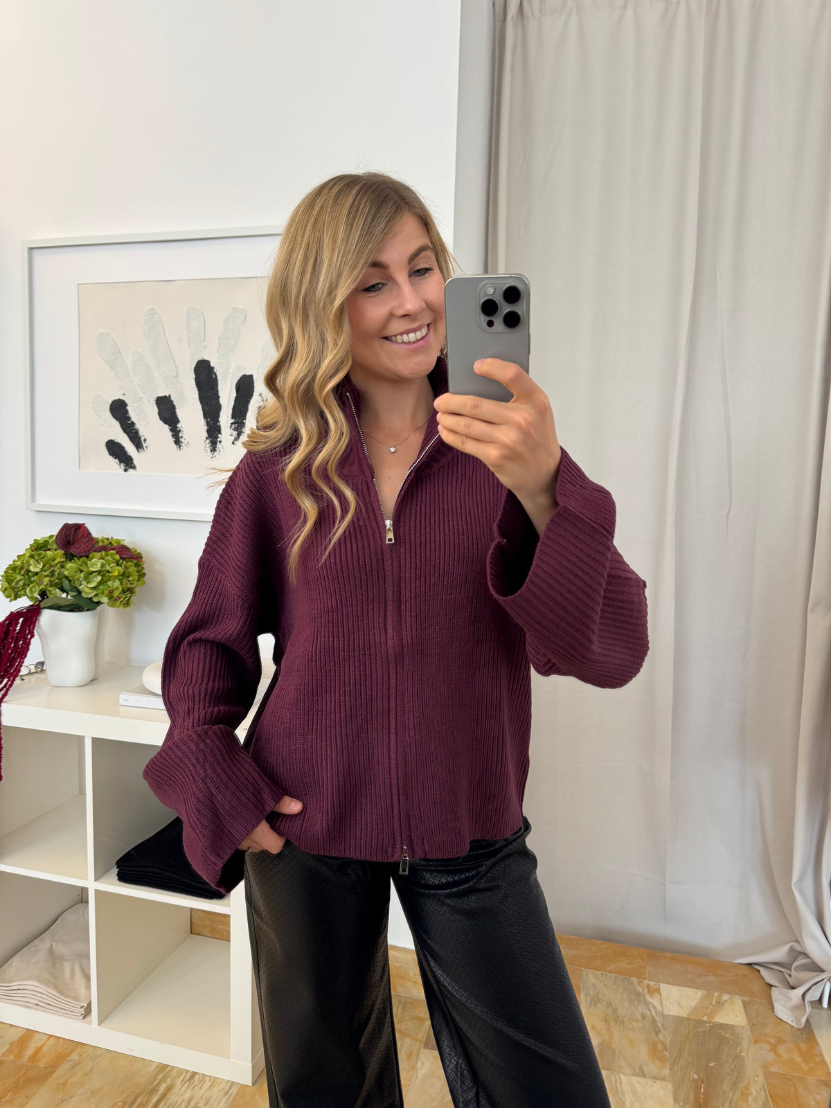 Strickjacke Doppelzipper - burgunder