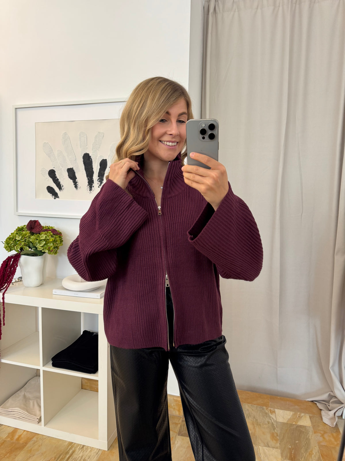Strickjacke Doppelzipper - burgunder