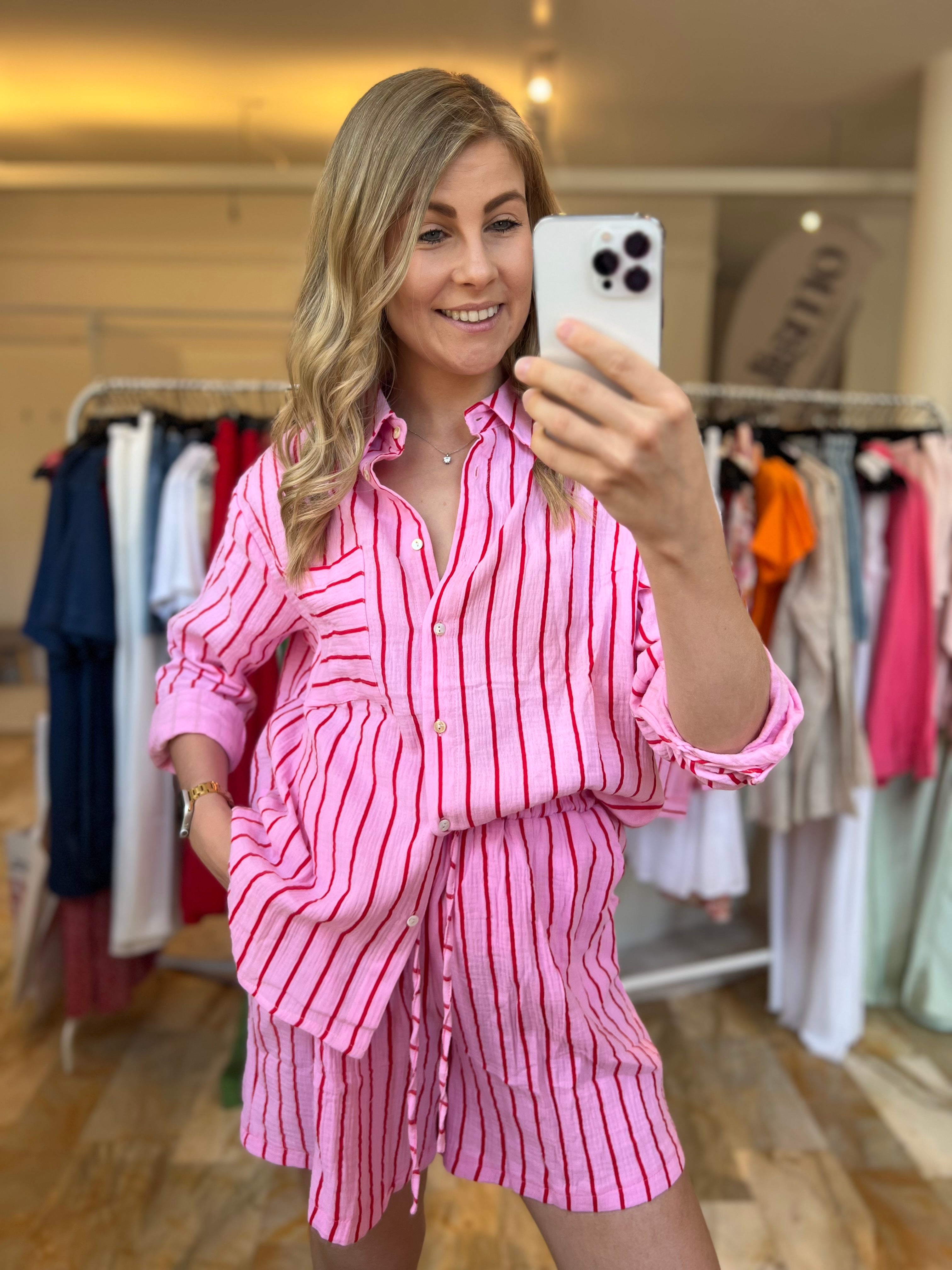 Musselinhemd Stripes - rosa/rot