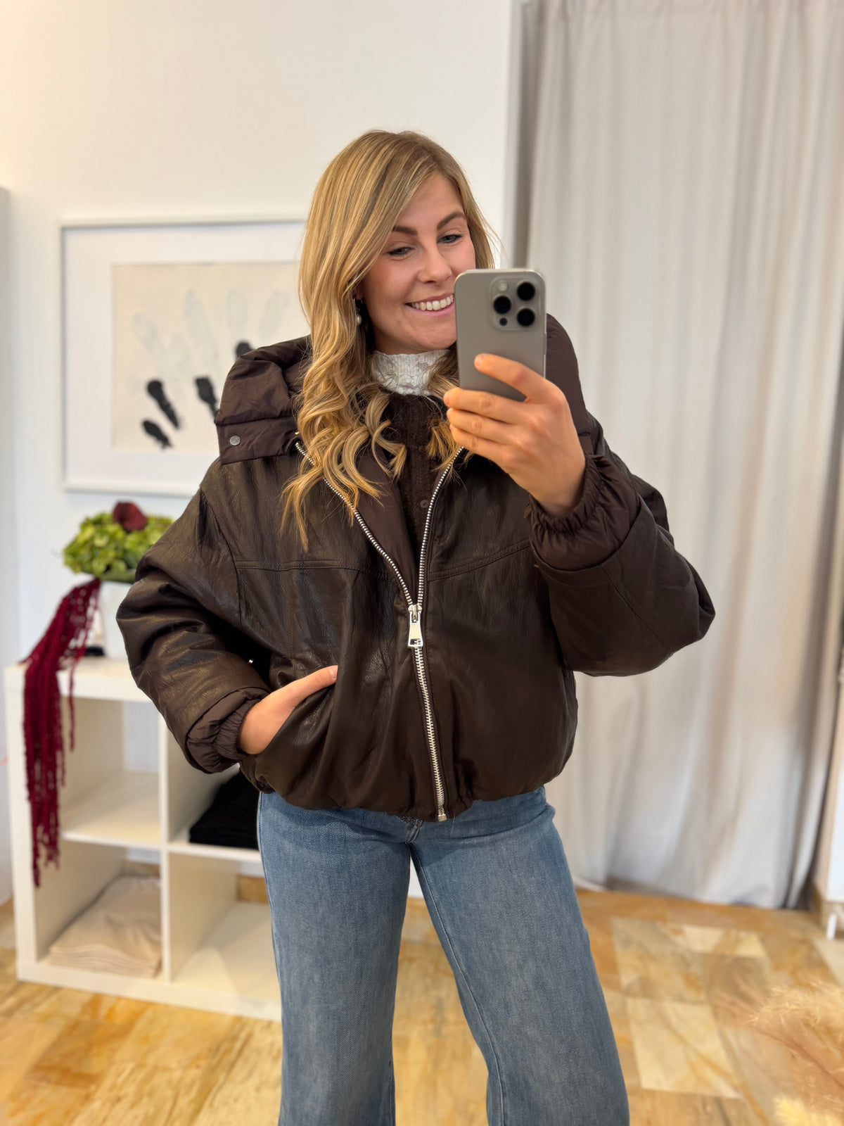 Kunstlederjacke mit abnehmbarer Kapuze - braun