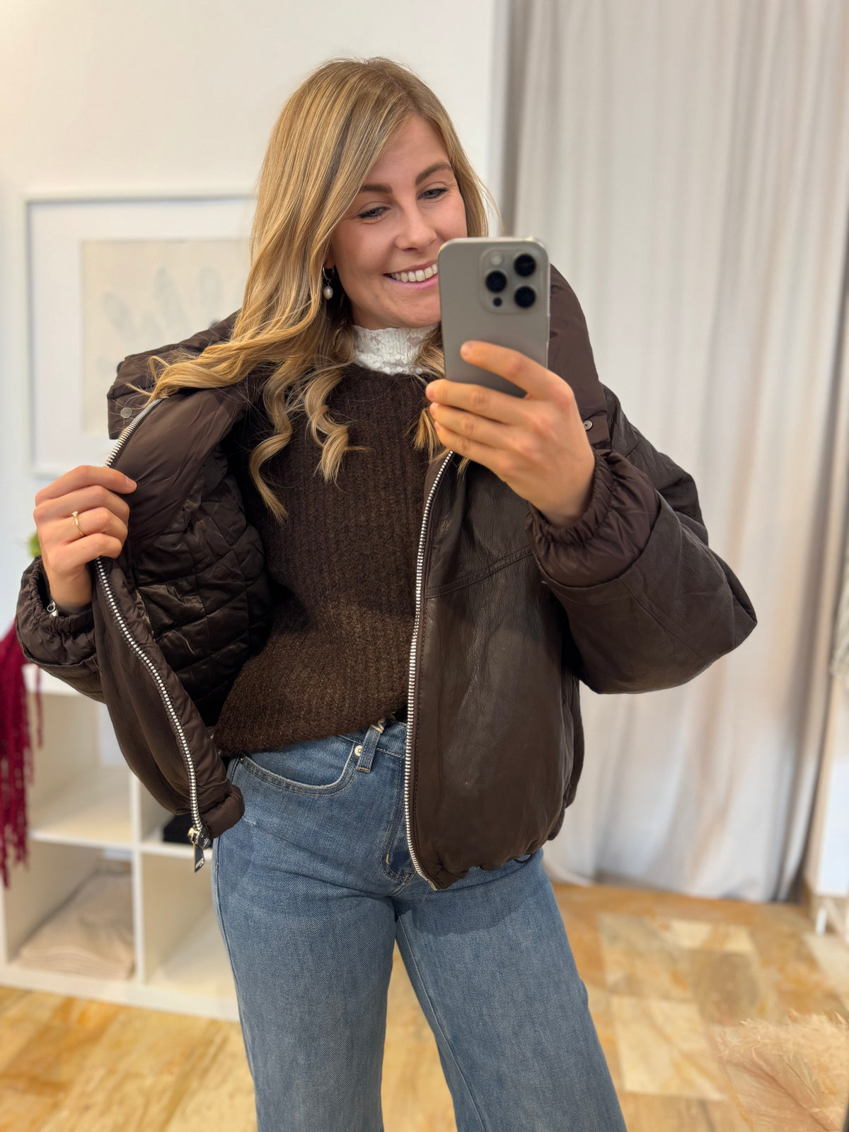 Kunstlederjacke mit abnehmbarer Kapuze - braun
