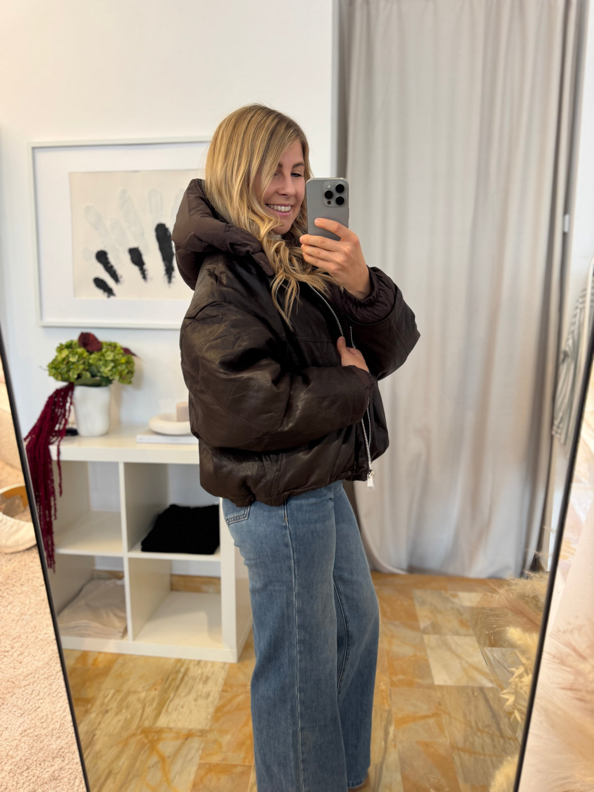 Kunstlederjacke mit abnehmbarer Kapuze - braun
