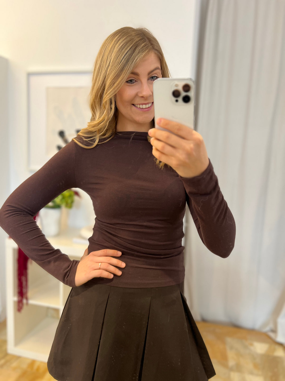 Longsleeve mit kleinem Stehkragen - braun